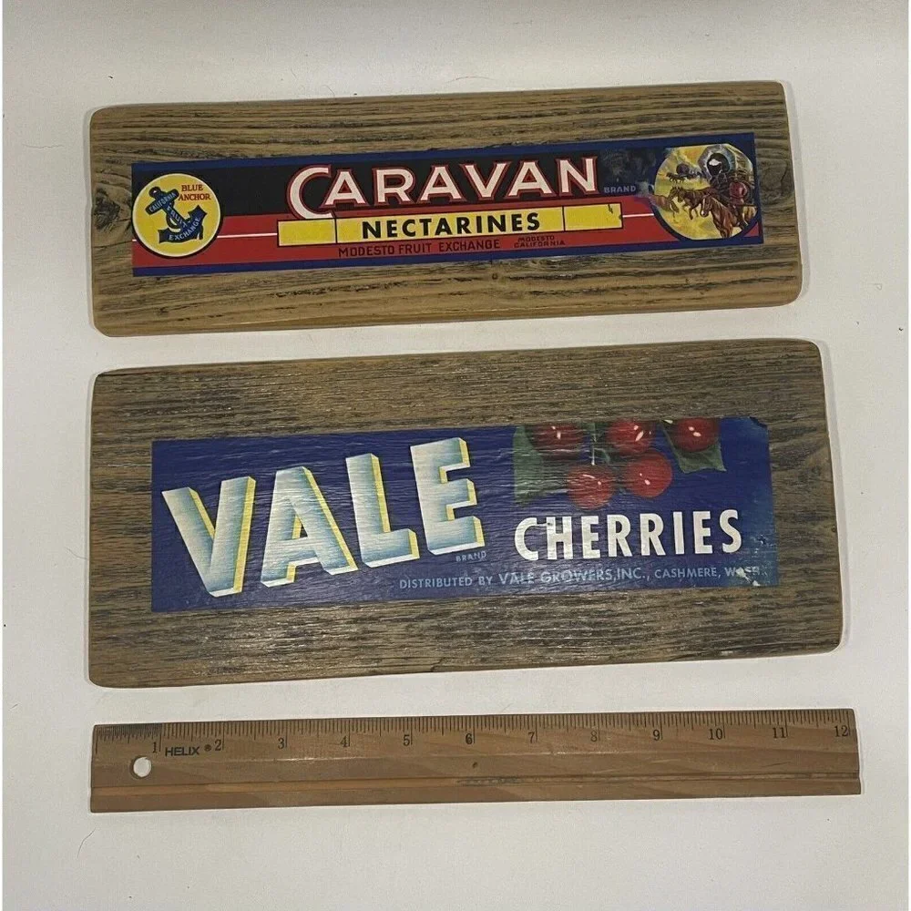 2 Vintage Fruit Crate Labels Wood Wall Plaques Vale Cherries Caravan Nectarines